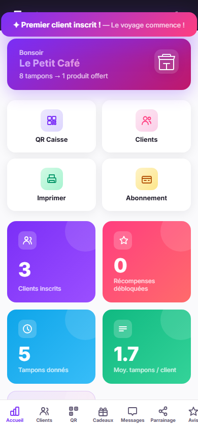 Aperçu du tableau de bord commerçant Frizz sur mobile